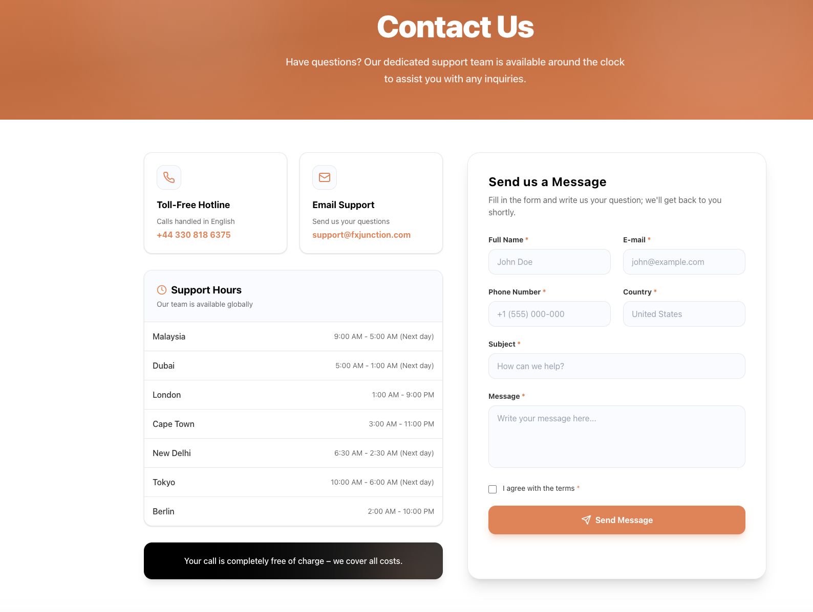 Contact Us page with orange gradient header, three rounded cards: Toll-Free Hotline +44 330 818 6375, Email Support support@fxjunction.com, and a 'Send us a Message' form.